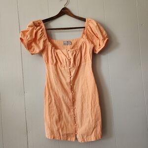 ASOS Orange Milkmaid Mini Dress Size 4 Puff Sleeve Cotton Linen Blend